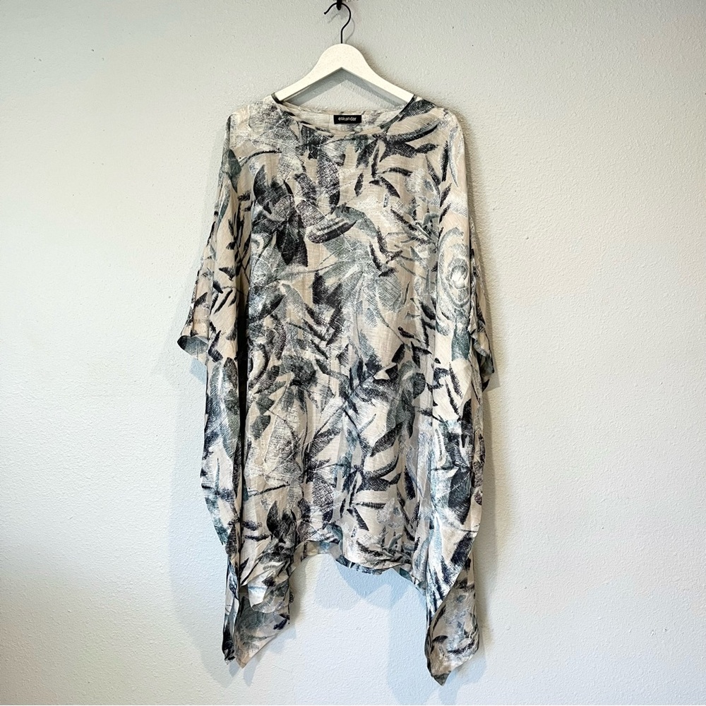 Eskandar Linen Silk Lagenlook Drape Printed Poncho Tunic Top One Size